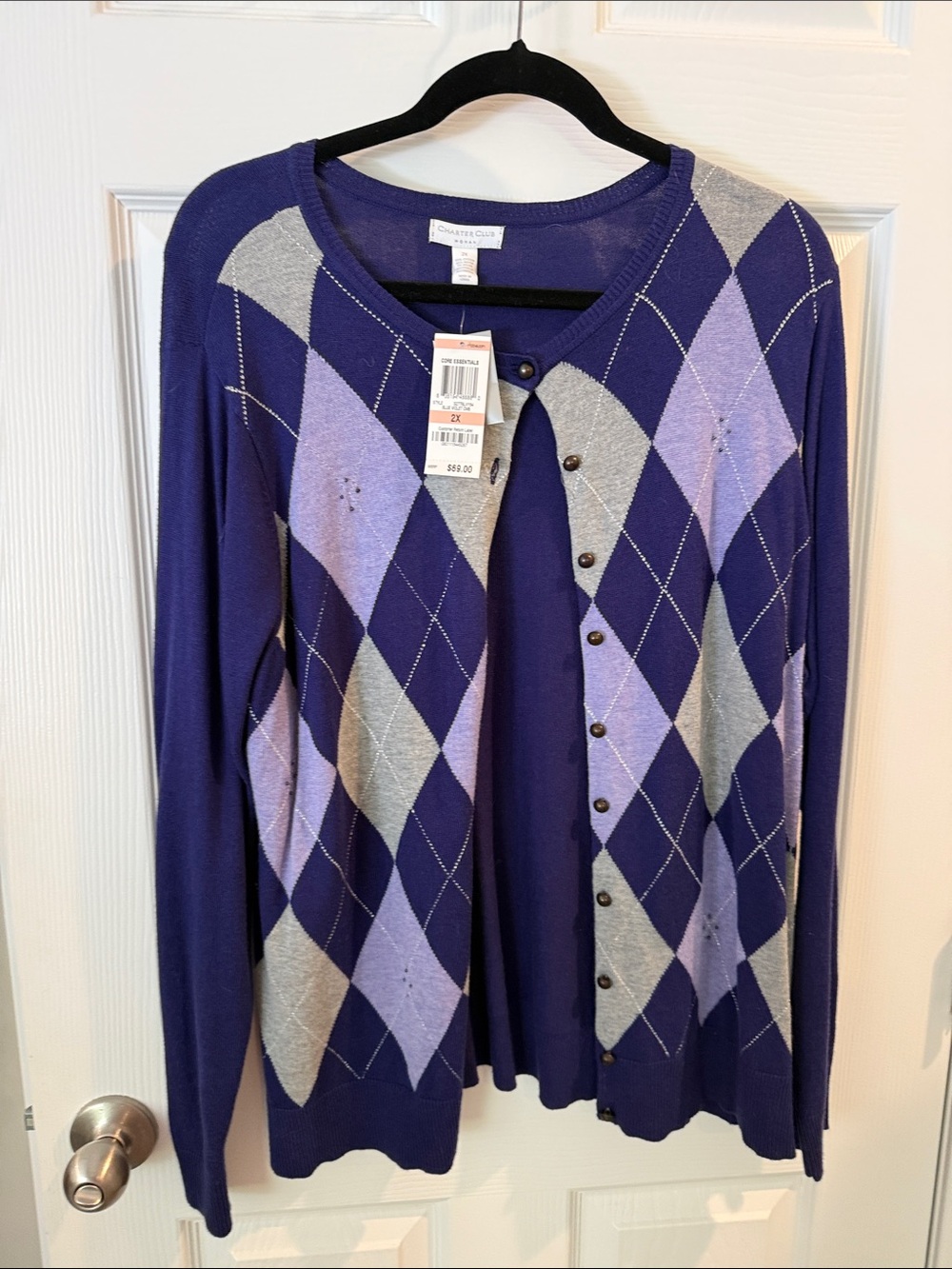 Charter Club Purple and Light Purple Argyle Cardigan